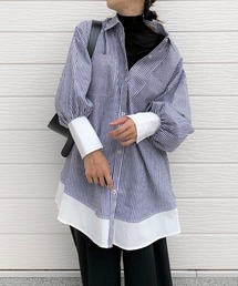 Q | ストライプギャザースリーブビッグシャツ(シャツ/ブラウス)