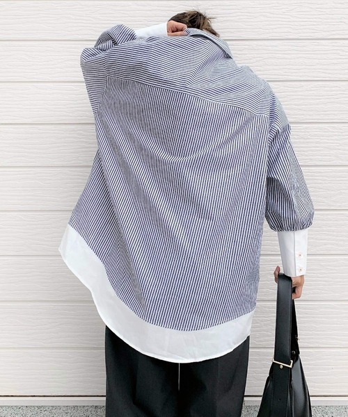 Q(キュー)の「ストライプギャザースリーブビッグシャツ(シャツ/ブラウス・レディース・ブラック系その他・MEDIUM)」の6枚目の写真