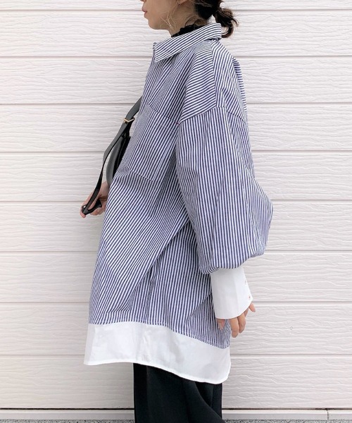 Q(キュー)の「ストライプギャザースリーブビッグシャツ(シャツ/ブラウス・レディース・ブラック系その他・MEDIUM)」の5枚目の写真