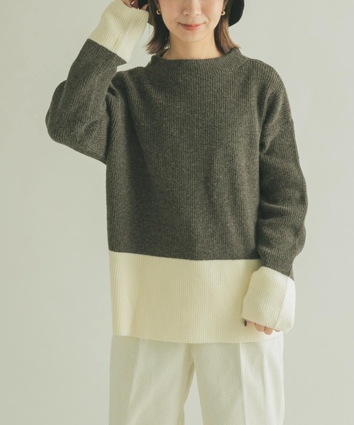 FORK&SPOON（フォークアンドスプーン）の「FORK&SPOON　片畦バイカラーニット（ニット/セーター・レディース・ネイビー/グレー・1）」の2枚目の写真