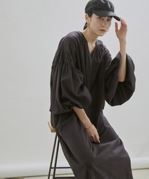 SALON adam et rope' | 【手洗い可能】コットン麻ブレンドボリュームスリーブVネックギャザーワンピース(ワンピース)