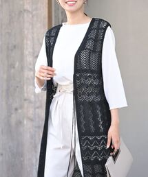 透かし総柄ロングニットジレ