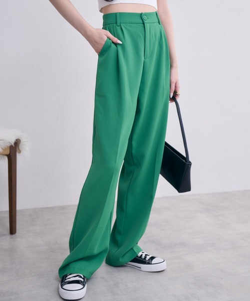 COCOMOMO(ココモモ)の「10色展開 タックスラックスパンツ ハイウエスト セミワイドパンツ スラックス パンツ きれいめ カジュアル オフィスカジュアル 春服 秋服(スラックス・レディース・グリーン/ダークグレー/ブラック/オレンジ/ワイン系/ホワイト/ダークブラウン/ピンク/ブルー/ベージュ・L/M/XL/S)」の6枚目の写真