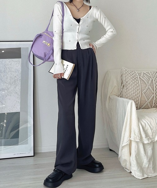 COCOMOMO(ココモモ)の「10色展開 タックスラックスパンツ ハイウエスト セミワイドパンツ スラックス パンツ きれいめ カジュアル オフィスカジュアル 春服 秋服(スラックス・レディース・グリーン/ダークグレー/ブラック/オレンジ/ワイン系/ホワイト/ダークブラウン/ピンク/ブルー/ベージュ・L/M/XL/S)」の3枚目の写真