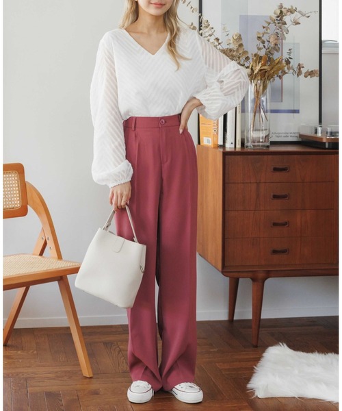 COCOMOMO(ココモモ)の「10色展開 タックスラックスパンツ ハイウエスト セミワイドパンツ スラックス パンツ きれいめ カジュアル オフィスカジュアル 春服 秋服(スラックス・レディース・グリーン/ダークグレー/ブラック/オレンジ/ワイン系/ホワイト/ダークブラウン/ピンク/ブルー/ベージュ・L/M/XL/S)」の16枚目の写真