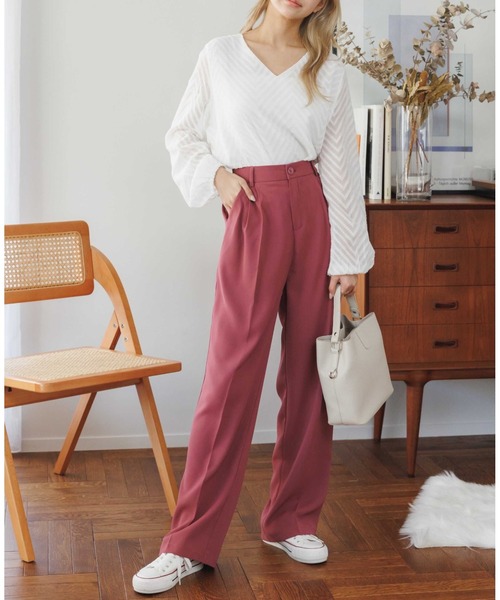 COCOMOMO(ココモモ)の「10色展開 タックスラックスパンツ ハイウエスト セミワイドパンツ スラックス パンツ きれいめ カジュアル オフィスカジュアル 春服 秋服(スラックス・レディース・グリーン/ダークグレー/ブラック/オレンジ/ワイン系/ホワイト/ダークブラウン/ピンク/ブルー/ベージュ・L/M/XL/S)」の17枚目の写真