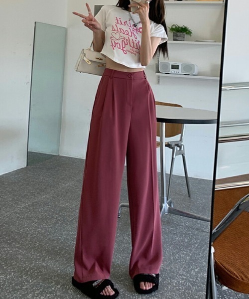 COCOMOMO(ココモモ)の「10色展開 タックスラックスパンツ ハイウエスト セミワイドパンツ スラックス パンツ きれいめ カジュアル オフィスカジュアル 春服 秋服(スラックス・レディース・グリーン/ダークグレー/ブラック/オレンジ/ワイン系/ホワイト/ダークブラウン/ピンク/ブルー/ベージュ・L/M/XL/S)」の12枚目の写真