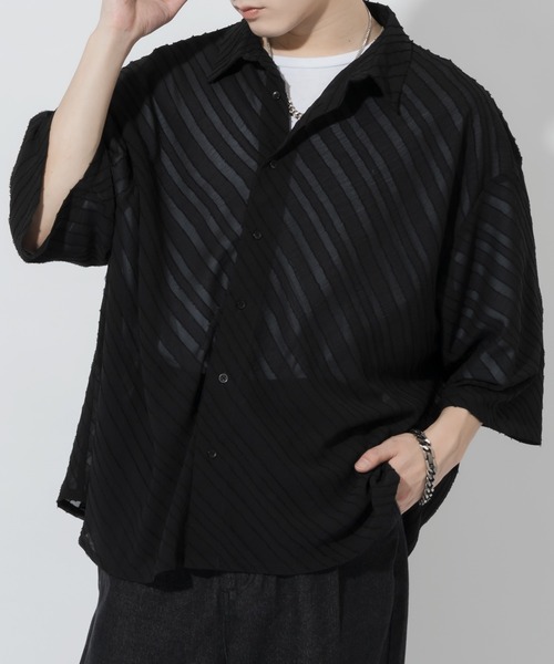 Adoon plain（アドーンプレーン）の「【Adoon plain】シアーストライプシャツ（シャツ/ブラウス・メンズ・ブルー/ブラック・MEDIUM/LARGE）」の2枚目の写真