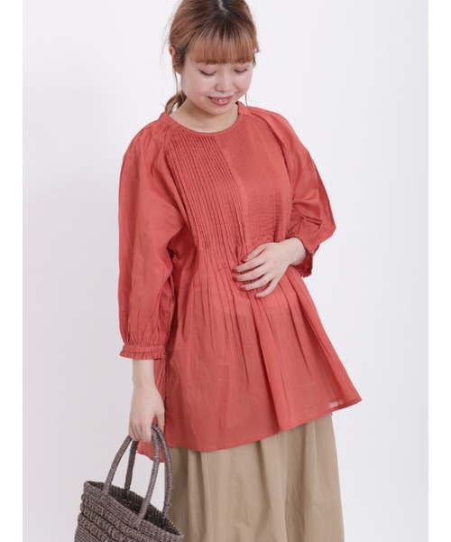 Samansa Mos2(サマンサ モスモス)の「インドボイルピンタックギャザー八分袖ブラウス(シャツ/ブラウス・レディース・ミント/モカ/レッド/オフホワイト/ブラック/パープル・F)」の1枚目の写真