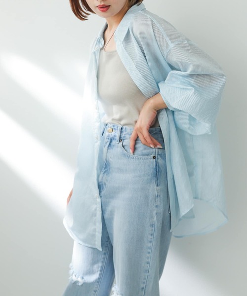 SENSE OF PLACE by URBAN RESEARCH(センスオブプレイスバイアーバンリサーチ)の「シアーストライプシャツ(シャツ/ブラウス・レディース・オレンジ/ホワイト/チャコールグレー/ブルー・ONE)」の4枚目の写真