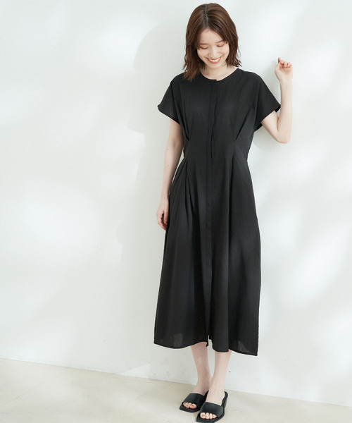 Jayro(ジャイロ)の「綿麻ウエストタック比翼ワンピース(ワンピース・レディース・ネイビー/ピンク/ブラック・M)」の2枚目の写真