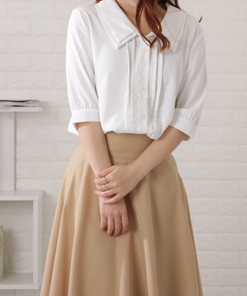 Lace Ladies(レースレディース)の「深Vネックピンタック5分袖ブラウス(シャツ/ブラウス・レディース・ホワイト・M/XL)」の3枚目の写真