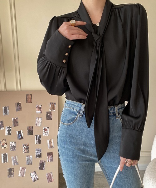 【セール】ボウタイ付きサテンブラウス（Tシャツ/カットソー）｜deux amour（ドゥーザムール）