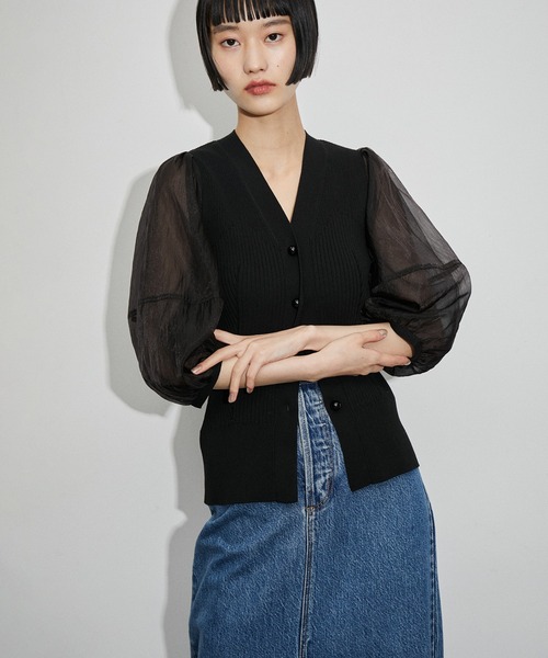 ADAM ET ROPE'（アダムエロペ）の「シアースリーブリブカーディガン（カーディガン/ボレロ・レディース・ホワイト系その他5/ブラック・FREE）」の2枚目の写真
