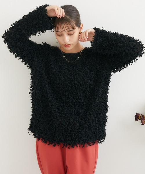 TRANOI（トラノイ）の「TRANOI ポンポンフリンジニット（ニット/セーター・レディース・グレイッシュベージュ/アイボリー/ブラック・FREE）」の3枚目の写真