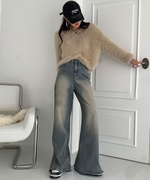 無料配達 韓国ファッション 裾切りっぱなしワイドフレアデニムパンツ パンツ