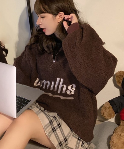 Miniministore（ミニミニストア）の「ボアトレーナー フロントジップ 韓国風 フリース（スウェット・レディース・アイボリー/ブルー/ブラック/モカ・フリー）」の19枚目の写真