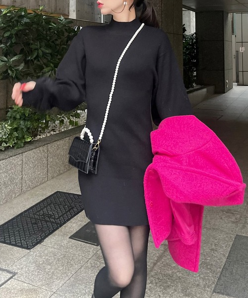 セール】ウォッシャブルハイネック長袖ニットミニワンピース