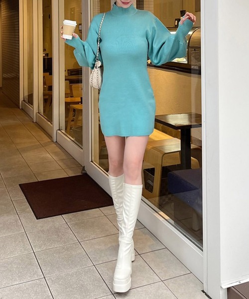 ROYAL PARTY（ロイヤルパーティー）の「ウォッシャブルハイネック長袖ニットミニワンピース（ワンピース・レディース・ブルー/パープル/ブラック/ベージュ/マルチ・FREE）」の7枚目の写真