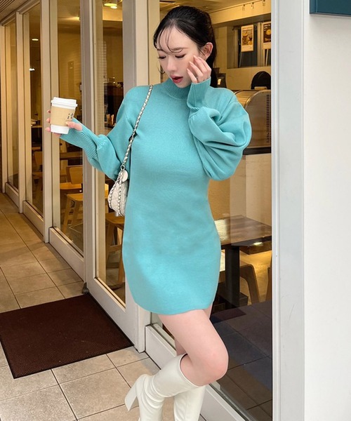 セール】ウォッシャブルハイネック長袖ニットミニワンピース