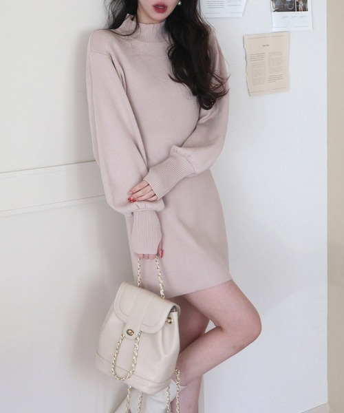 セール】ウォッシャブルハイネック長袖ニットミニワンピース