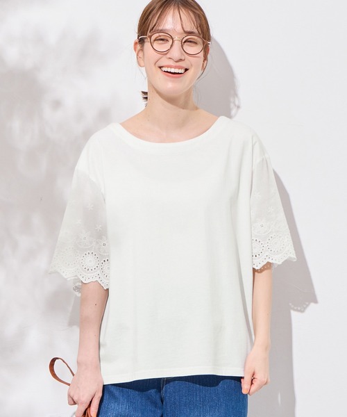 Viola e Viola(ヴィオラエヴィオラ)の「綿100% 袖レース切替Tシャツ(Tシャツ/カットソー・レディース・オレンジ/ホワイト/ブラック・LL/M/L/3L)」の2枚目の写真