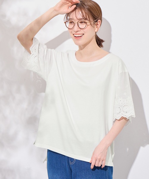 セール】綿100％ 袖レース切替Tシャツ（Tシャツ/カットソー