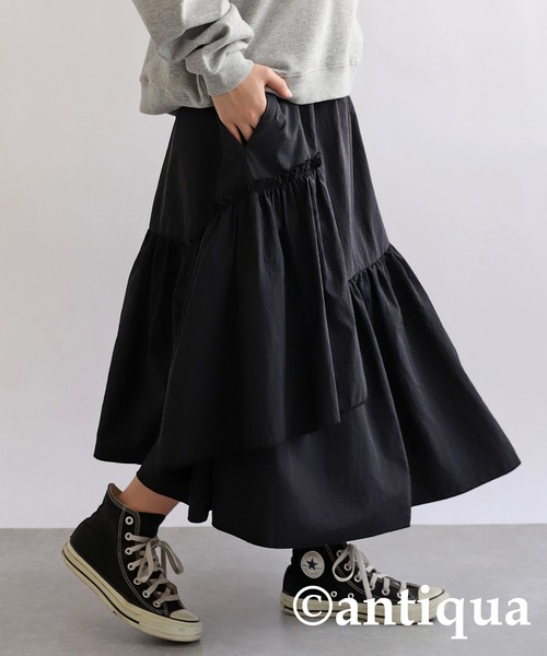 antiqua（アンティカ）の「ギャザースカート（スカート・キッズ・カーキ/ブラック・160/150/140）」の2枚目の写真