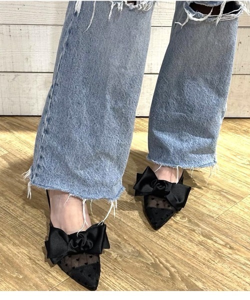 R&E（アールアンドイー）の「【24SS新作】【R&E】リボン付きドットチュールミュールパンプス（パンプス・レディース・アイボリー/ブラック・M/L/S）」の18枚目の写真