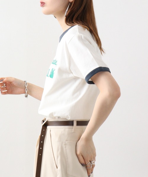spiritoso(スピリトーゾ)の「spiritoso WAIT A MINUTEイチゴプリント リンガーTシャツ(Tシャツ/カットソー・レディース・グリーン/ネイビー/ブラック・F)」の6枚目の写真