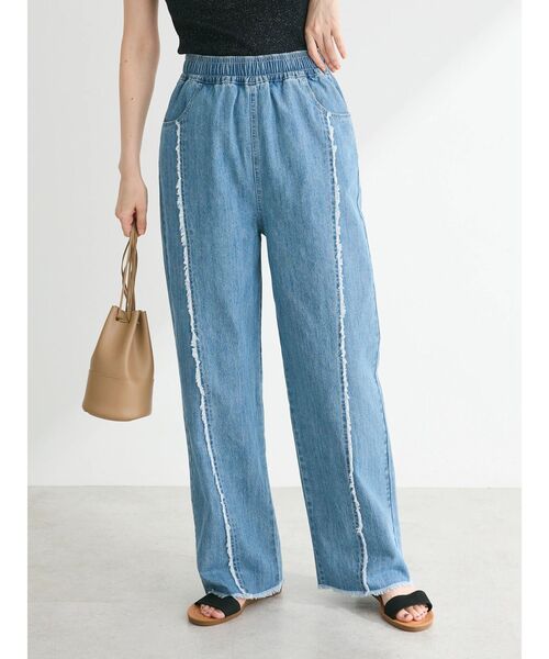 Green　Parks（グリーンパークス）の「・Double　Flags　デニムフリンジラインパンツ（デニムパンツ・レディース・ブラック/ライトインディゴブルー/ダークインディゴブルー・FREE）」の4枚目の写真