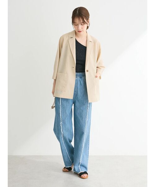 Green　Parks（グリーンパークス）の「・Double　Flags　デニムフリンジラインパンツ（デニムパンツ・レディース・ブラック/ライトインディゴブルー/ダークインディゴブルー・FREE）」の5枚目の写真