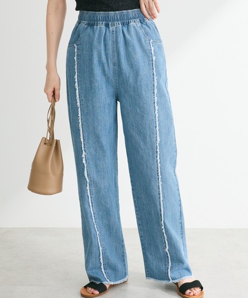 Green　Parks（グリーンパークス）の「・Double　Flags　デニムフリンジラインパンツ（デニムパンツ・レディース・ブラック/ライトインディゴブルー/ダークインディゴブルー・FREE）」の3枚目の写真