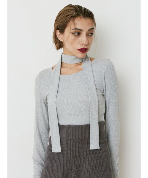 EVRIS（エヴリス）の「チョーカーリボン付リブトップス（Tシャツ/カットソー・レディース・グレー/ブルー/ブラック・FREE）」の5枚目の写真