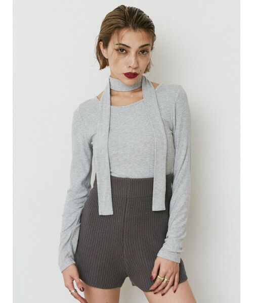 EVRIS（エヴリス）の「チョーカーリボン付リブトップス（Tシャツ/カットソー・レディース・グレー/ブルー/ブラック・FREE）」の6枚目の写真