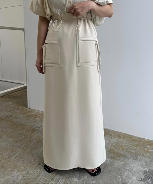 lawgy（ラウジー）の「string point square switching skirt / ストリングポイントスクエアスイッチングスカート（スカート・レディース・ブラック/アイボリー/クリーム・FREE）」の6枚目の写真