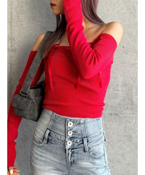 GYDA(ジェイダ)の「【WEB限定】【TINY低身長さん向け】オフショルリボンニットトップス(ニット/セーター・レディース・レッド/オフホワイト/ブラック・FREE)」の11枚目の写真