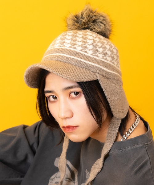 セール】an meets zakka 千鳥柄ボンボンツバ付き3WAYイヤーフラップ