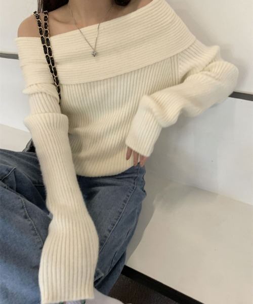 Ritzy（リッツィー）の「オフショルダー リブニット長袖トップス（ニット/セーター・レディース・チャコールグレー/ブラック/アイボリー・FREE）」の6枚目の写真