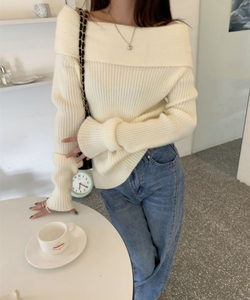 Ritzy（リッツィー）の「オフショルダー リブニット長袖トップス（ニット/セーター・レディース・チャコールグレー/ブラック/アイボリー・FREE）」の7枚目の写真