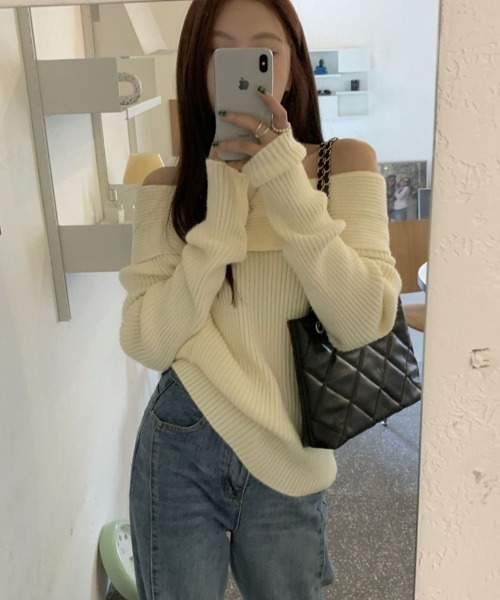 Ritzy（リッツィー）の「オフショルダー リブニット長袖トップス（ニット/セーター・レディース・チャコールグレー/ブラック/アイボリー・FREE）」の12枚目の写真