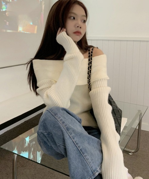 Ritzy（リッツィー）の「オフショルダー リブニット長袖トップス（ニット/セーター・レディース・チャコールグレー/ブラック/アイボリー・FREE）」の14枚目の写真