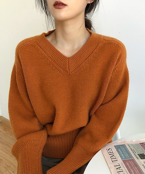 Girly Doll（ガーリードール）の「Vネックニット（ニット/セーター・レディース・グレー/ブラック/グリーン/ホワイト/オレンジ/ベージュ・F）」の17枚目の写真