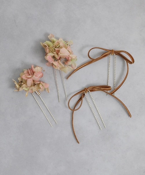 ドライフラワーアレンジメント リボン付き (No.4） ドライフラワー リボン ベロア Uピン 4本セット パーティ ヘア