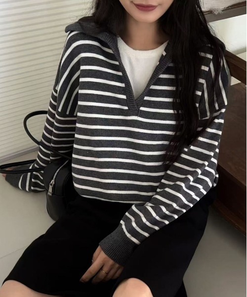 【セール】スキッパー襟レイヤードボーダーニットトップス（ニット/セーター）｜FINEnough（ファインナフ）