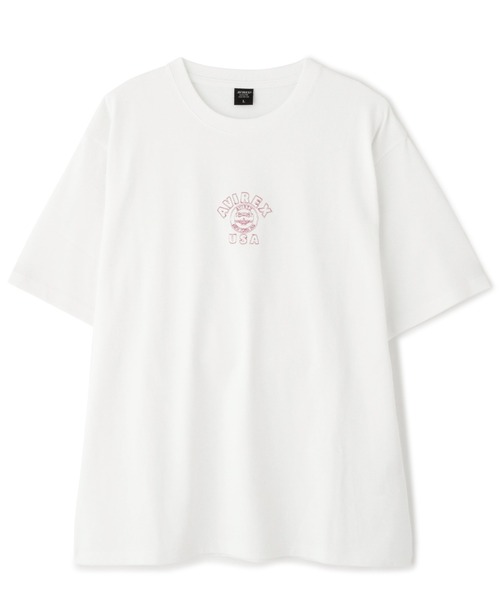 AVIREX(アヴィレックス)の「《WEB&DEPOT限定》ONE POINT EMB T-SHIRT"VARSITY LOGO" / ワンポイントロゴ 刺繍 半袖Tシャツ / AVIREX / アヴィレックス(Tシャツ/カットソー・メンズ・ホワイト/ブラック/ダークグリーン/ピンク・MEDIUM/LARGE/X-LARGE/XX-LARGE)」の2枚目の写真