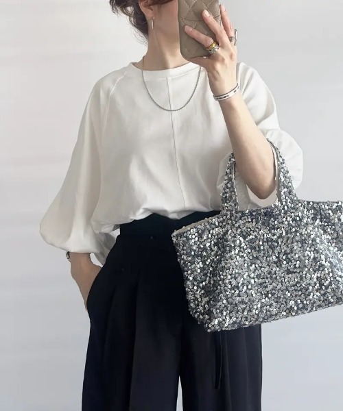 aquagarage（アクアガレージ）の「ボリューム袖カットソー（Tシャツ/カットソー・レディース・ブラック/ネイビー/ベージュ/セージグリーン/ホワイト/ピンク/ライム・M/S）」の12枚目の写真