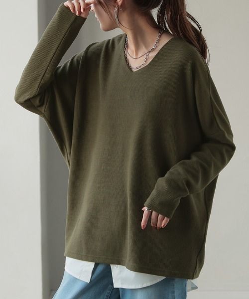 HUG.U(ハグユー)の「もちっと VネックドルマンロンT(Tシャツ/カットソー・レディース・ライトグレー/ブラック/カーキ/オフホワイト/レッド/スモークピンク/グレイッシュブルー/ブルー系その他/ホワイト系その他/レッド系その他/ブラック系その他/ブラウン系その他・FREE)」の8枚目の写真