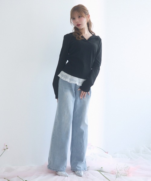 Good American デニム パンツ ボトム フリルウエスト 楽天市場】再入荷 ハイウエスト ストレッチ フレアデニムパンツ