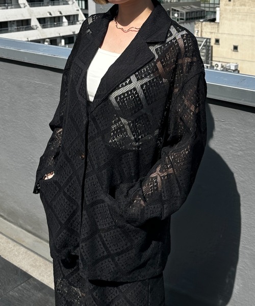 Happy John（ハッピージョン）の「loose over lace jacket/ルーズオーバーレースジャケット（テーラードジャケット・レディース・ブラック/ホワイト・FREE）」の2枚目の写真